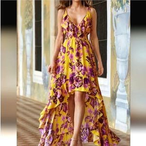 Nwot Boston Proper High-low Yellow /Purple Floral Ruffled High low Maxidress